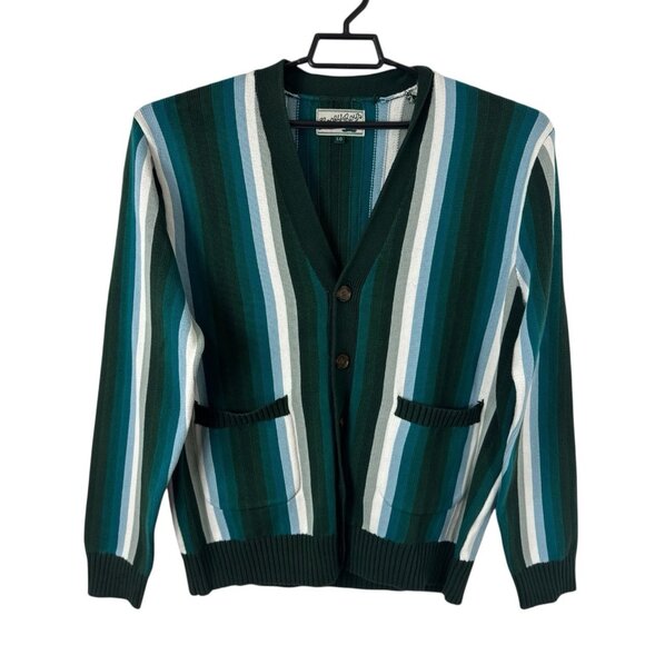Bogey Boys Men's L Button Front Striped cardigan Sweater Teal New Pockets - Picture 1 of 12